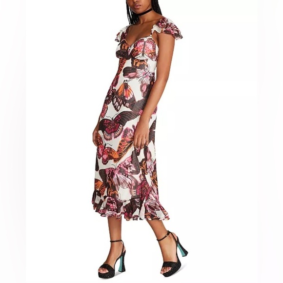 Besty Johnson Dresses & Skirts - Betsey Johnson Women's White Pink Pepper Butterfly-Print Midi Dress Size XS